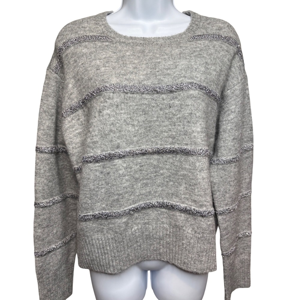 A.N.A Womens Gray Sequin Striped Crew Neck Pullover Sweater M Metallic Sparkle